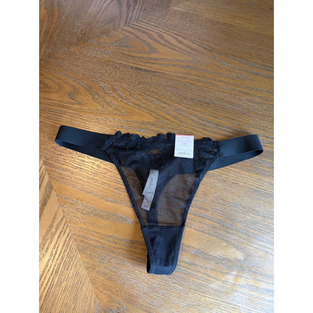 Auden Women Black Lace Thong Underwear Wide Elastic Waist Mesh Size L 12-14